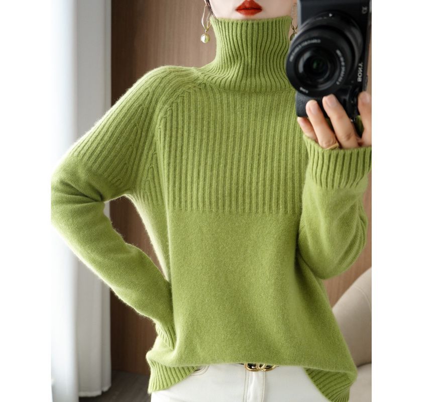 Long-Sleeve Turtleneck Plain Ribbed Woolen Knit Top