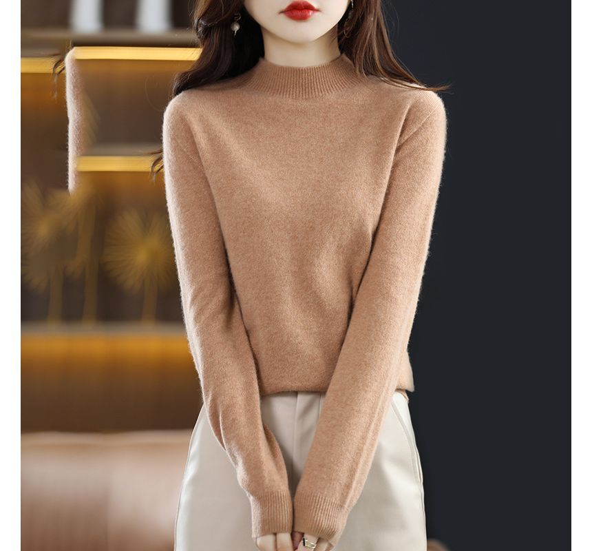 Long-Sleeve Mock Neck Plain Woolen Knit Top