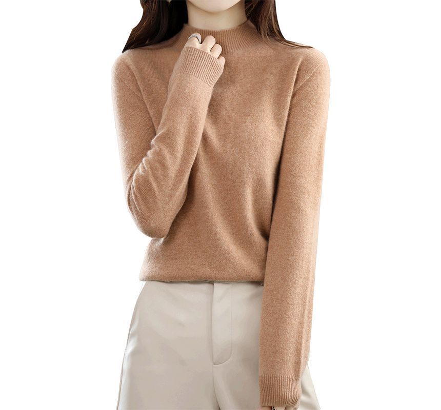 Long-Sleeve Mock Neck Plain Woolen Knit Top