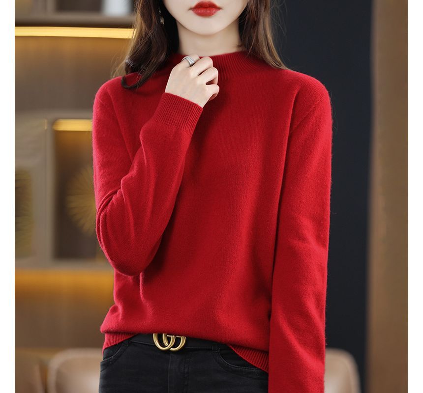 Long-Sleeve Mock Neck Plain Woolen Knit Top