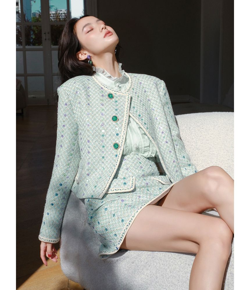 Set: Floral Tweed Button-Up Jacket + Mini Skirt
