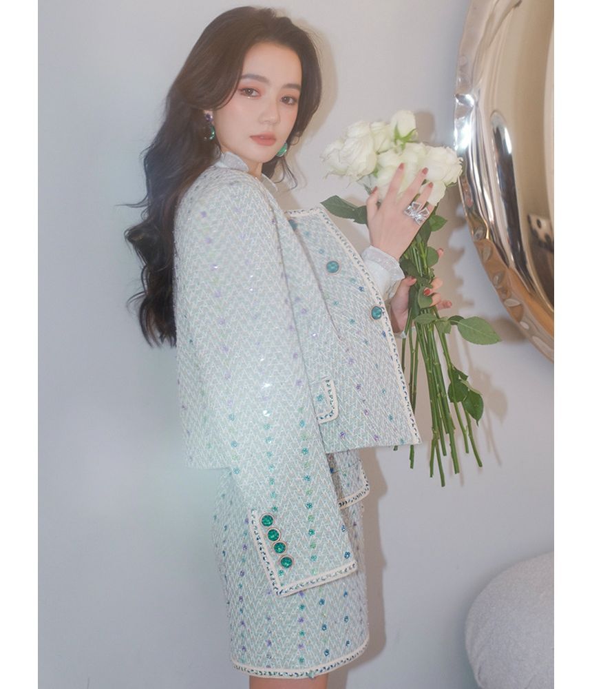 Set: Floral Tweed Button-Up Jacket + Mini Skirt