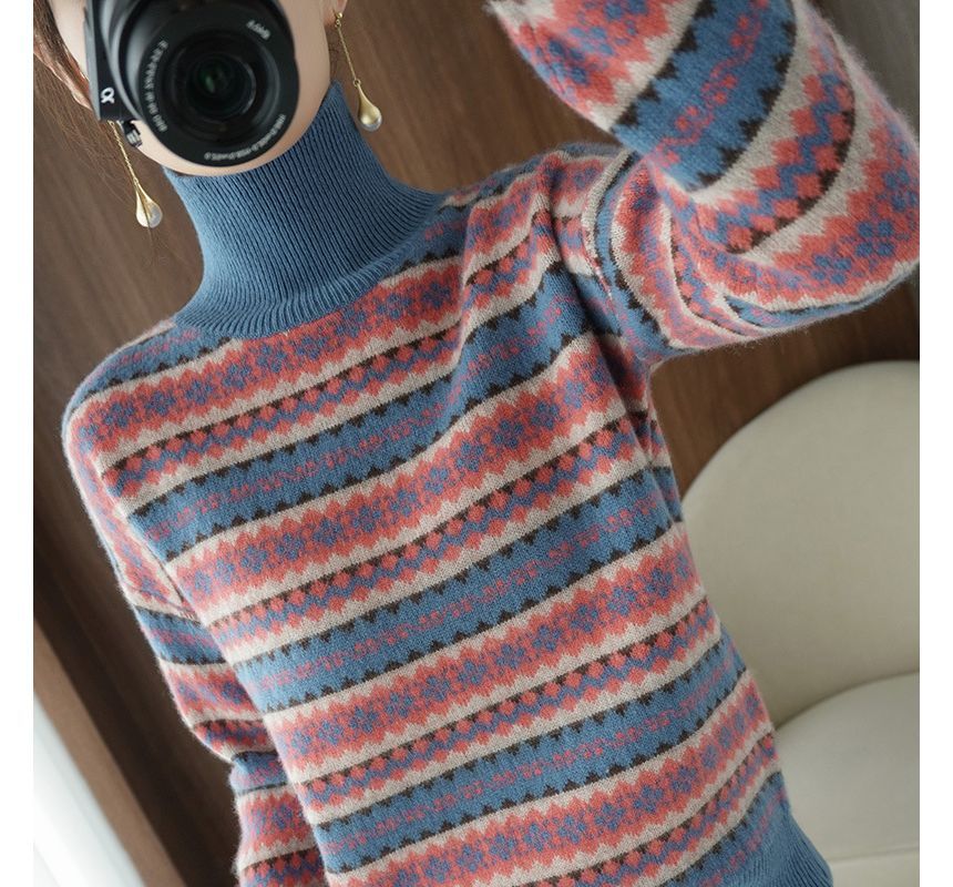 Turtleneck Geometric Patterned Sweater