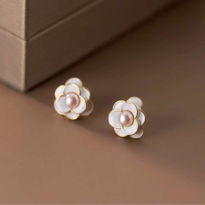 Earring Alloy Flower Faux Pearl