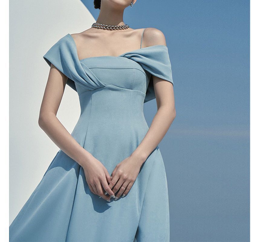 Short-Sleeve Cold Shoulder Plain Ruched Midi A-Line Dress