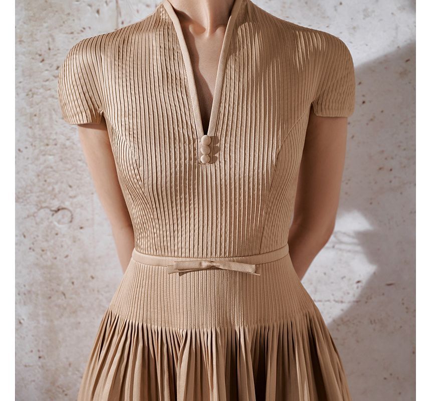 Cap-Sleeve V-Neck Plain Pleated Button Midi A-Line Dress