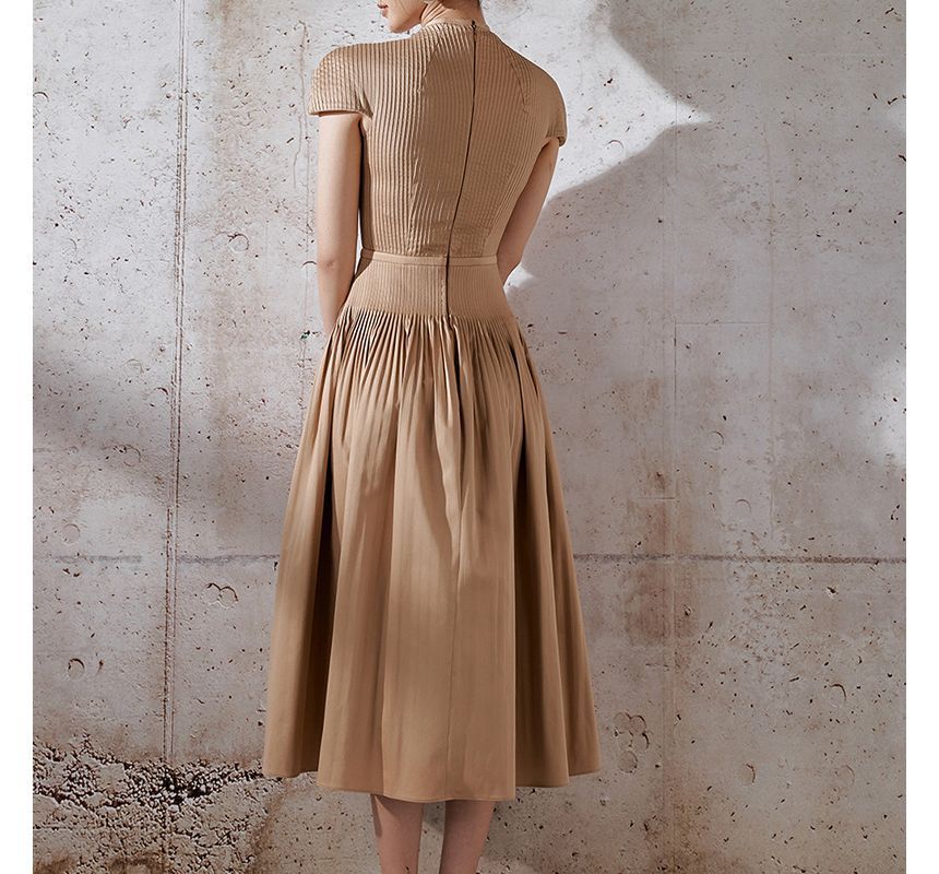 Cap-Sleeve V-Neck Plain Pleated Button Midi A-Line Dress