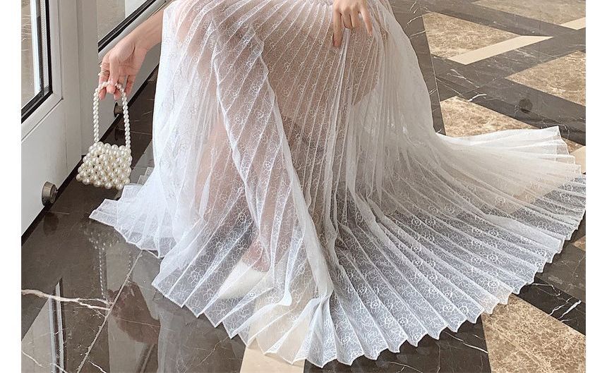 Sleeveless Crew Neck Plain Embroidered Accordion Pleated Flower Lace Midi A-Line Dress