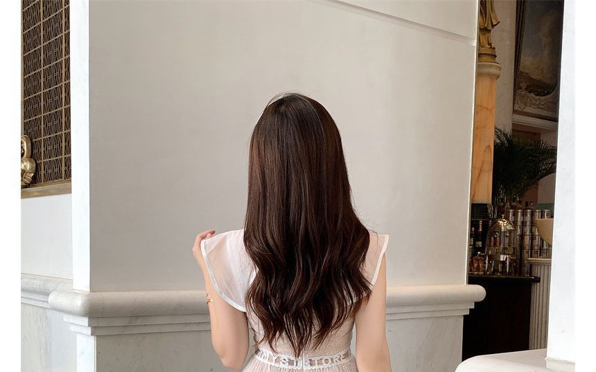 Sleeveless Crew Neck Plain Embroidered Accordion Pleated Flower Lace Midi A-Line Dress