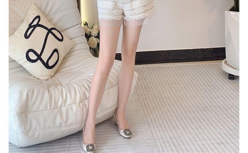 Set: Sleeveless Plain Faux Pearl Lace Blouse + High Waist Mesh Shorts