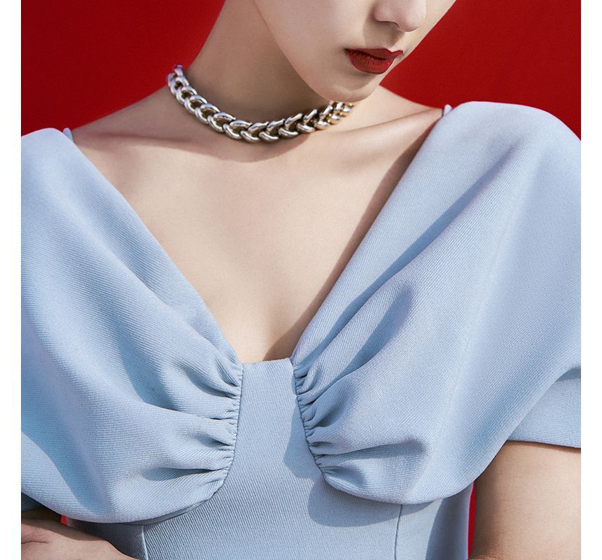 Short-Sleeve V-Neck Plain Ruched Mini A-Line Dress