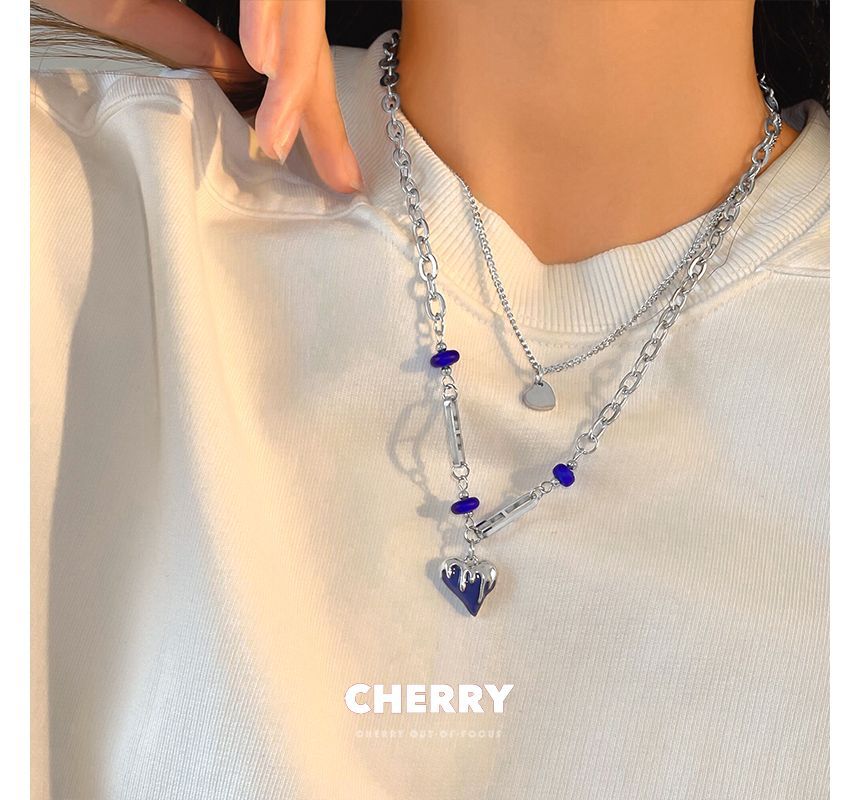 Heart Pendant Stainless Necklace Layered Steel Glaze