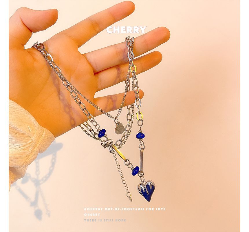 Heart Pendant Stainless Necklace Layered Steel Glaze