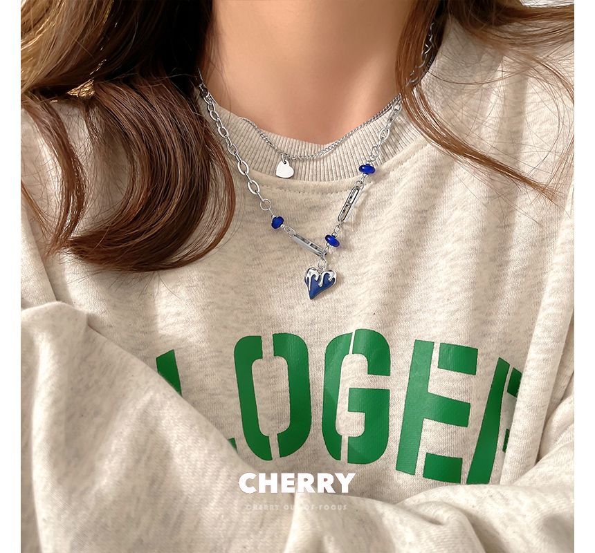 Heart Pendant Stainless Necklace Layered Steel Glaze