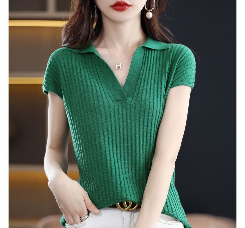 Cap-Sleeve Plain Knit Polo Shirt