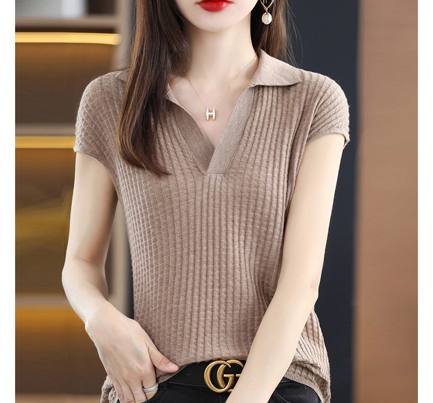 Cap-Sleeve Plain Knit Polo Shirt