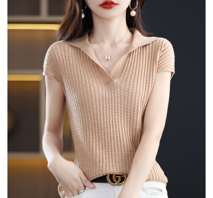 Cap-Sleeve Plain Knit Polo Shirt