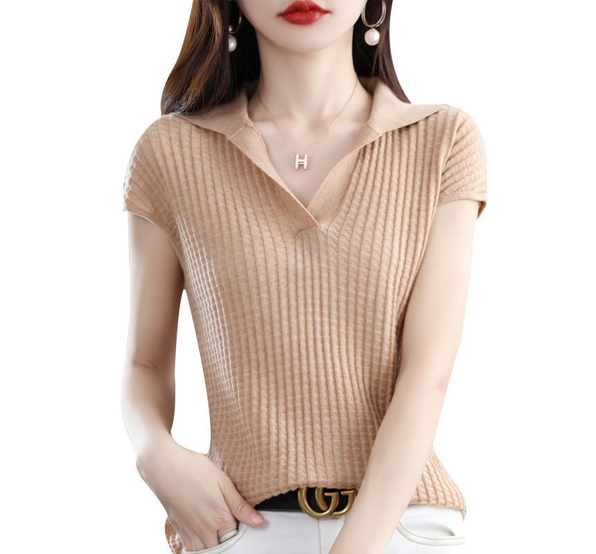 Cap-Sleeve Plain Knit Polo Shirt