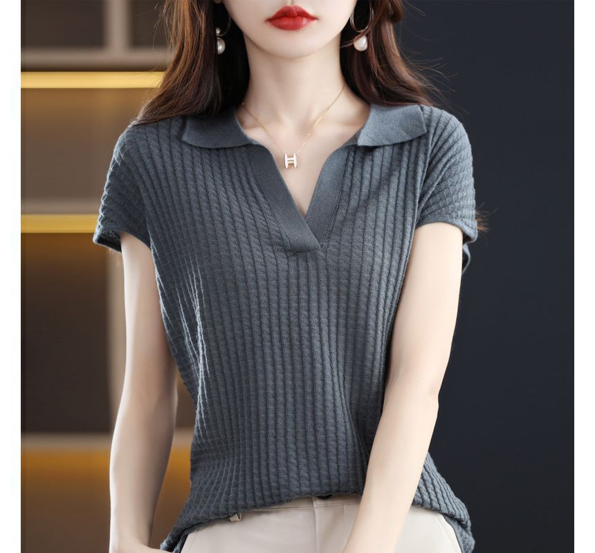 Cap-Sleeve Plain Knit Polo Shirt