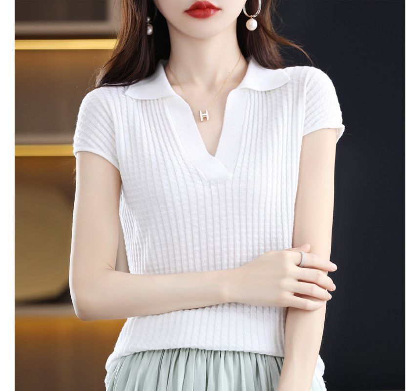 Cap-Sleeve Plain Knit Polo Shirt