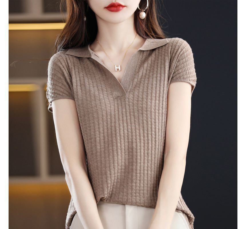 Cap-Sleeve Plain Knit Polo Shirt