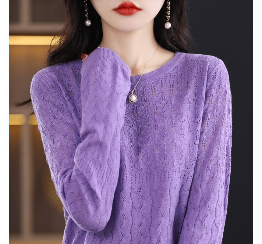 Long-Sleeve Crew Neck Plain Pointelle Knit Top