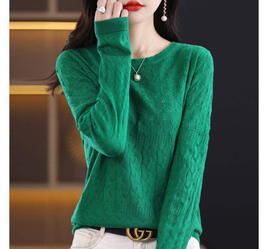 Long-Sleeve Crew Neck Plain Pointelle Knit Top