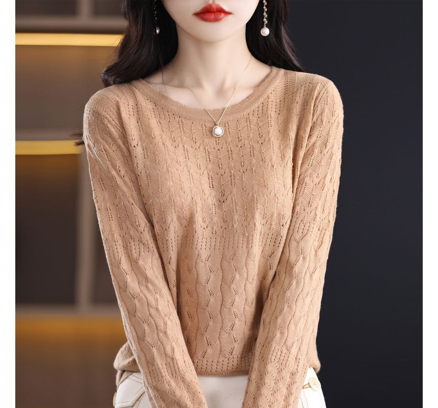 Long-Sleeve Crew Neck Plain Pointelle Knit Top
