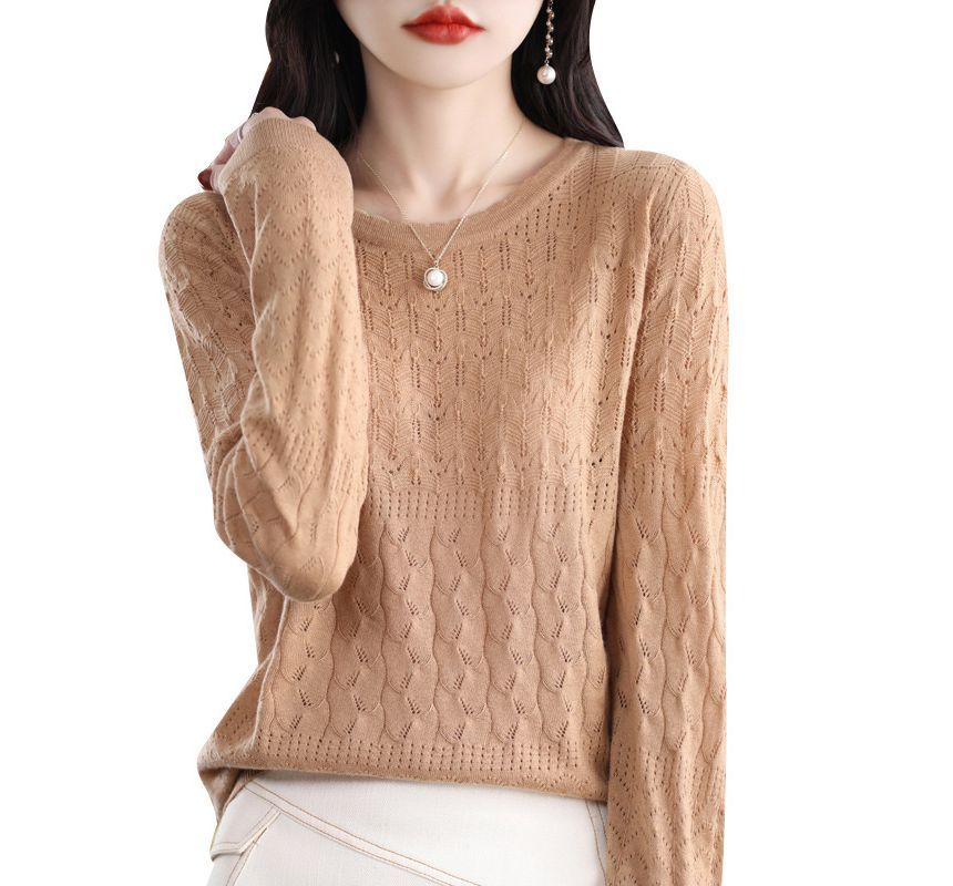 Long-Sleeve Crew Neck Plain Pointelle Knit Top