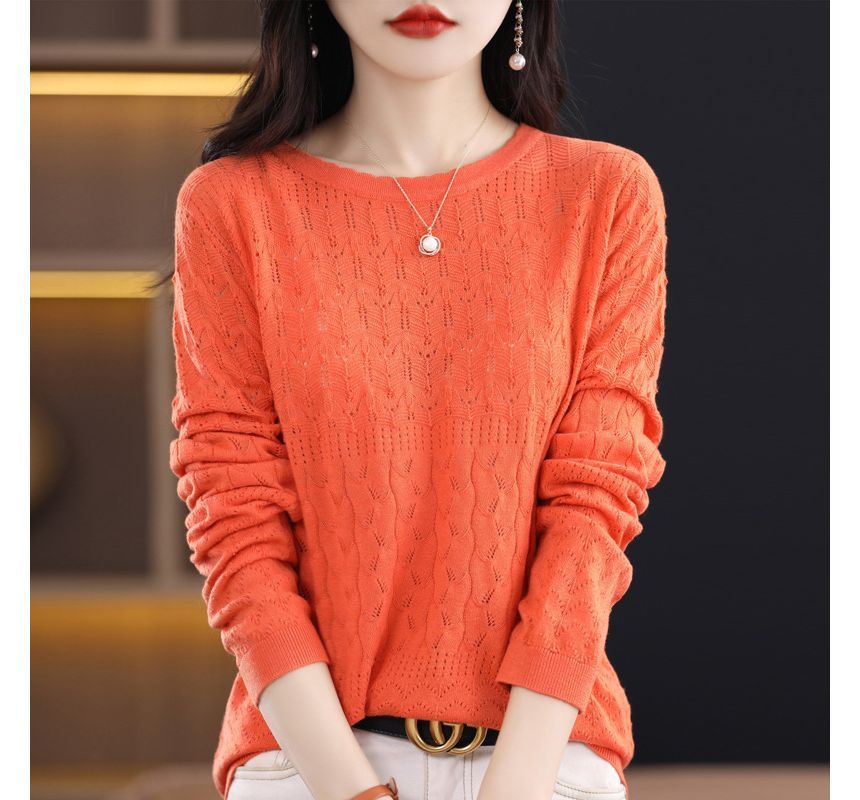 Long-Sleeve Crew Neck Plain Pointelle Knit Top
