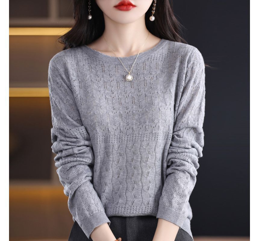 Long-Sleeve Crew Neck Plain Pointelle Knit Top