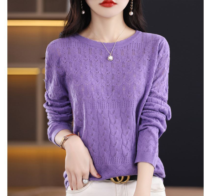 Long-Sleeve Crew Neck Plain Pointelle Knit Top