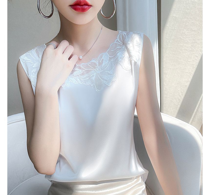 Floral Trim Sleeveless Silky Top