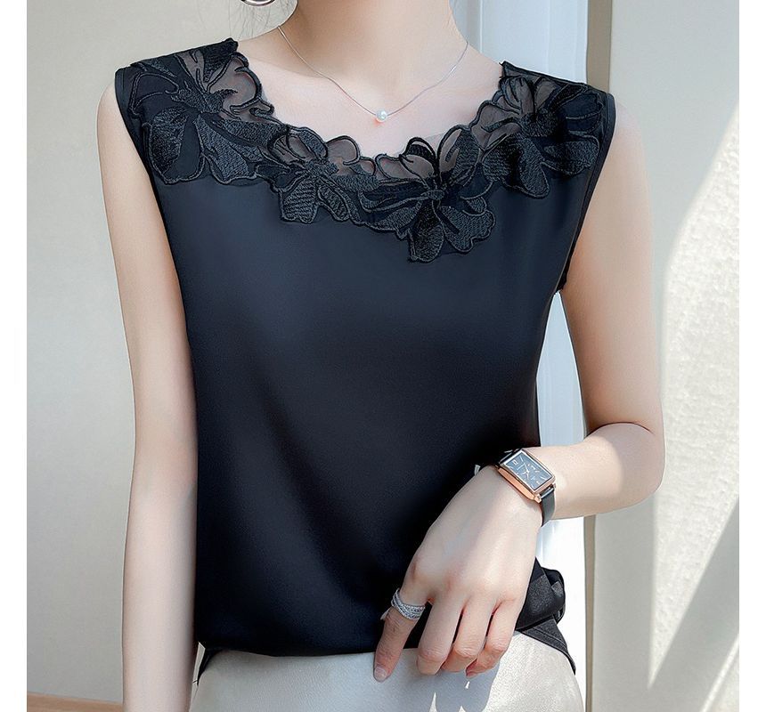 Floral Trim Sleeveless Silky Top