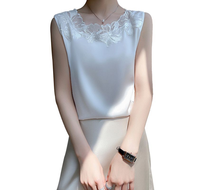 Floral Trim Sleeveless Silky Top