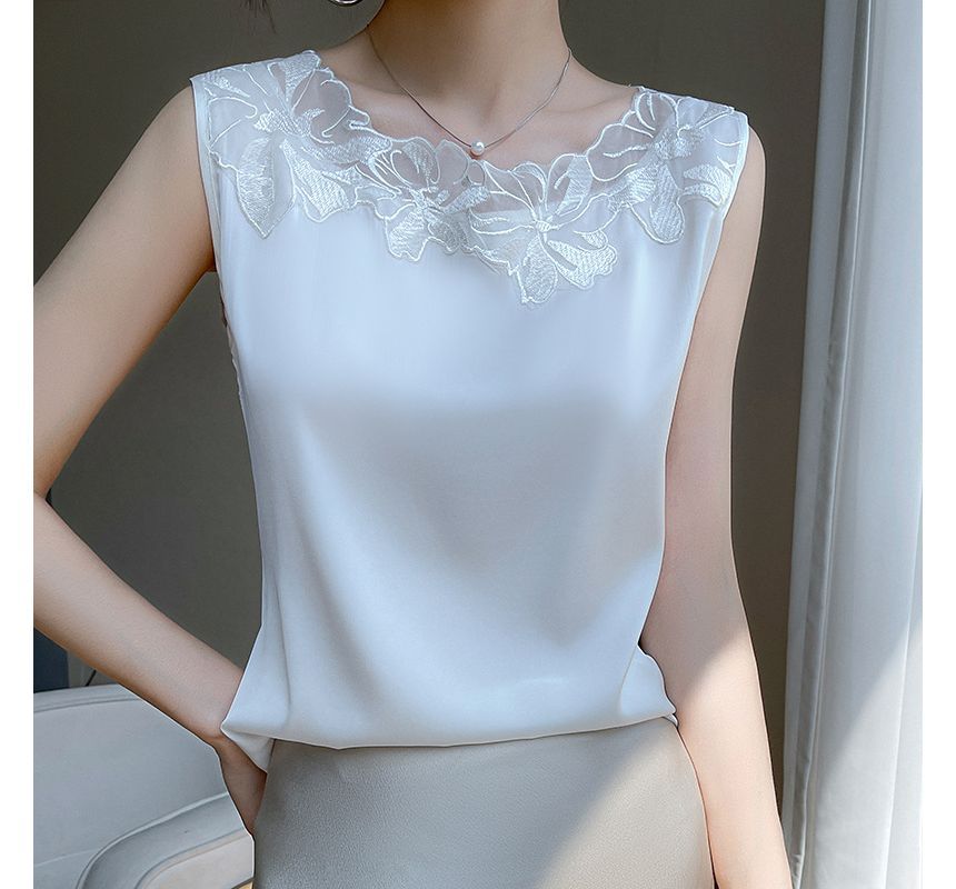 Floral Trim Sleeveless Silky Top