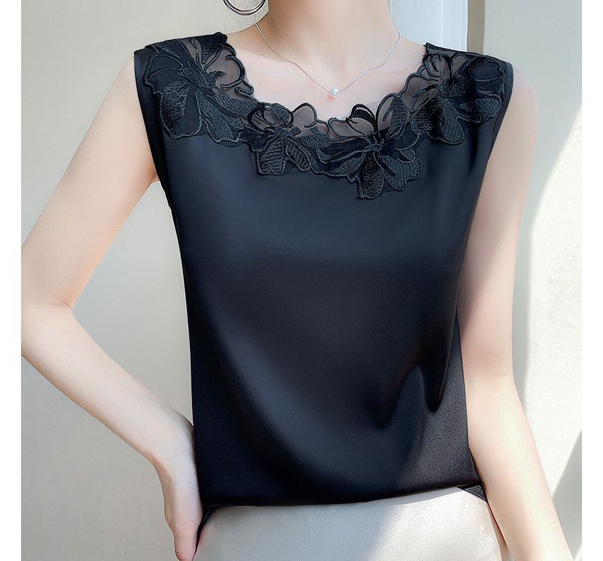 Floral Trim Sleeveless Silky Top