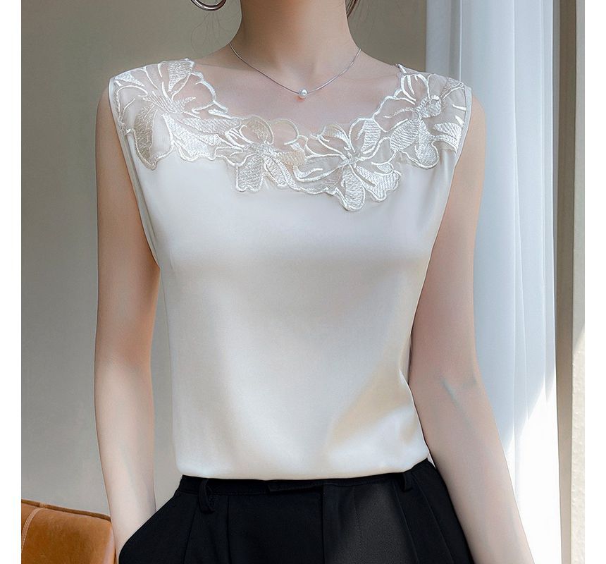 Floral Trim Sleeveless Silky Top