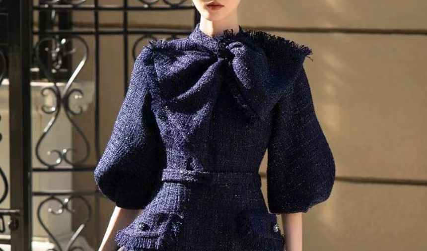 Elbow-Sleeve Bow Tweed Midi Sheath Dress