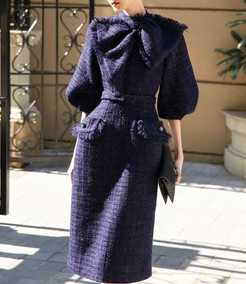 Elbow-Sleeve Bow Tweed Midi Sheath Dress