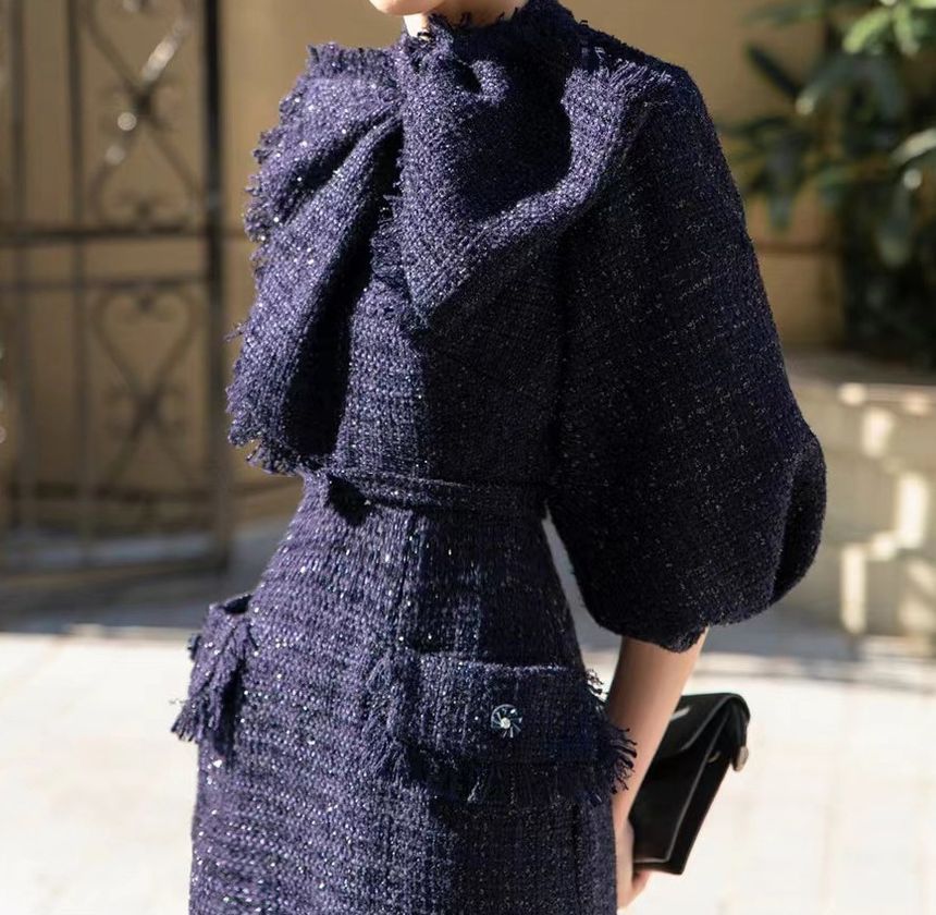 Elbow-Sleeve Bow Tweed Midi Sheath Dress