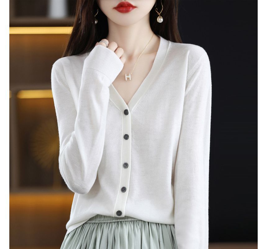 V-Neck Plain Button-Up Cardigan