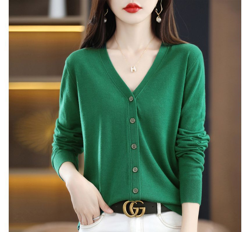 V-Neck Plain Button-Up Cardigan