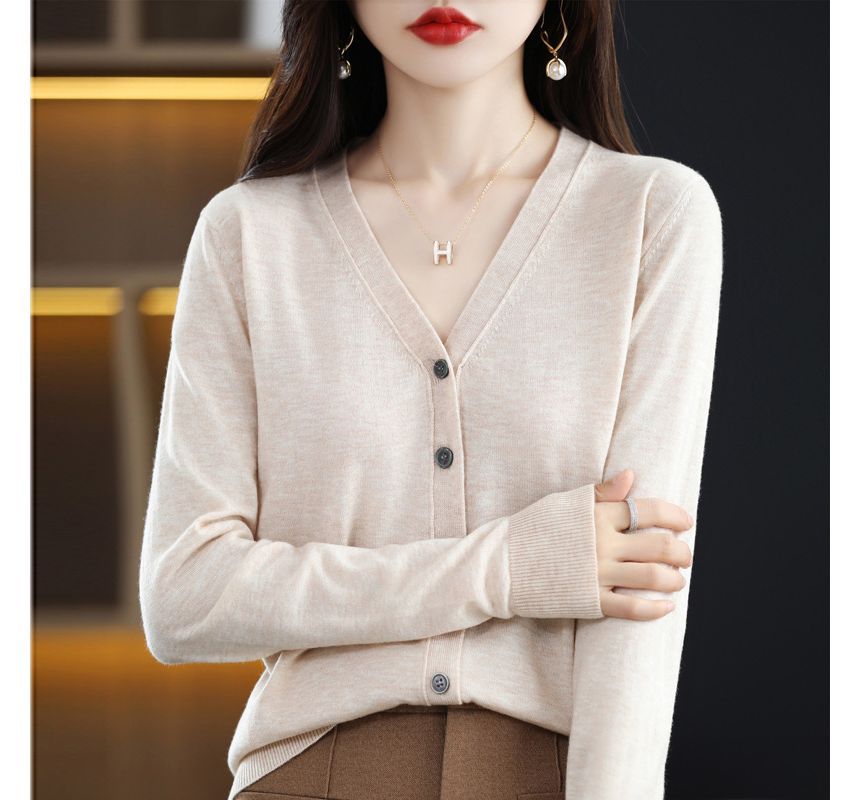 V-Neck Plain Button-Up Cardigan