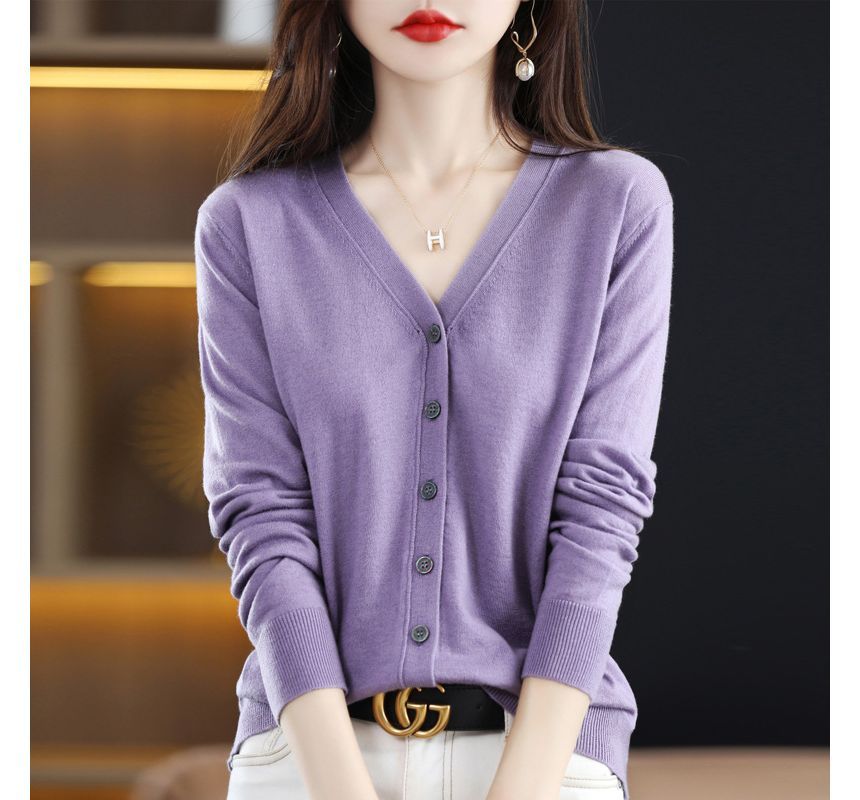 V-Neck Plain Button-Up Cardigan