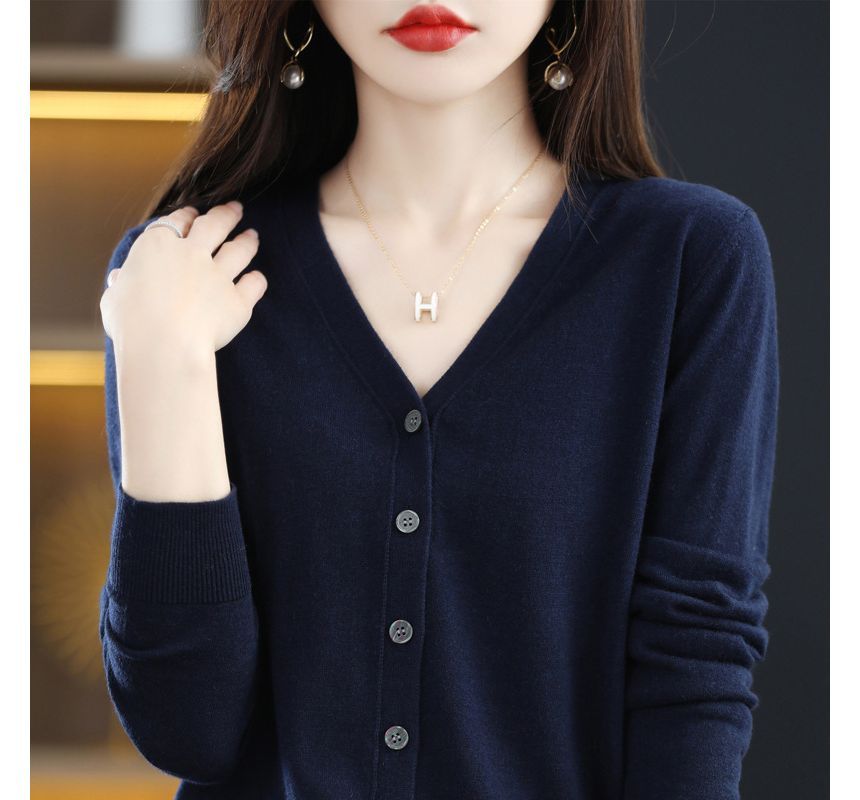 V-Neck Plain Button-Up Cardigan