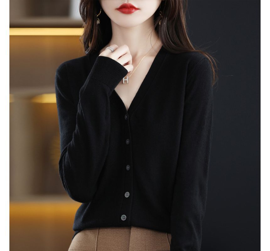 V-Neck Plain Button-Up Cardigan