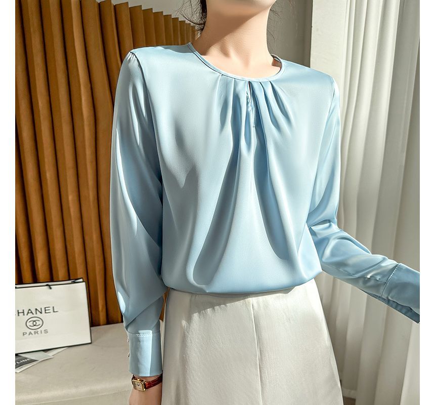 Long-Sleeve Round Neck Plain Blouse