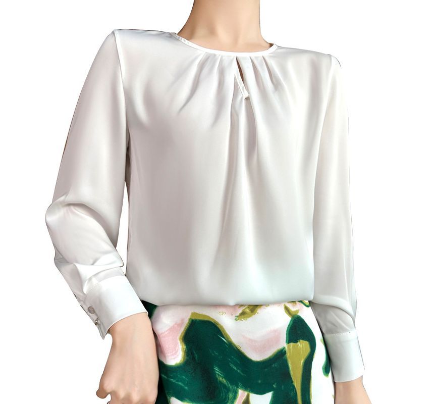 Long-Sleeve Round Neck Plain Blouse