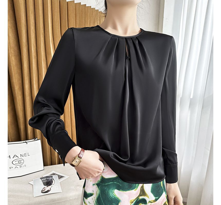 Long-Sleeve Round Neck Plain Blouse